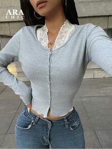 ARA CHIC Women's Gray Pure Desire V-Neck Knitted Cardigan With Lace Layered Inner Slim Short Coat Top, New Autumn Style
