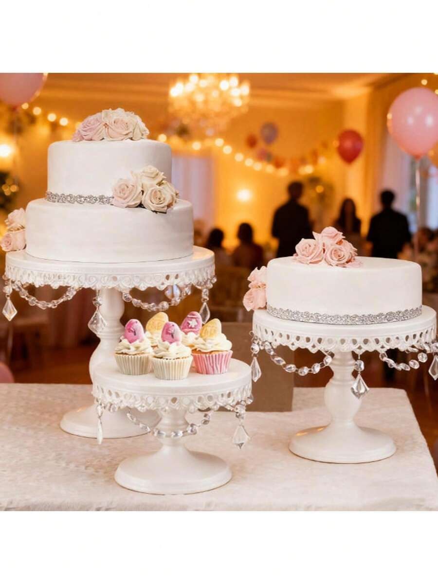 3Pcs Antique Cake Stand Set - Round Metal Cupcake Stands With Pendants And Beads - Elegant Dessert Display, For For Wedding, Birthday Party Decor, Gold/Champagne/Cream White,Holiday Decor,Christmas Gifts - trắng - Xem 1
