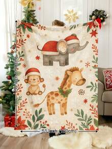 1pc Watercolor Cartoon Style Christmas In The Forest Cute Animal Elephant Giraffe Monkey Square Print Plush Blanket, Soft & Warm, Suitable For Living Room, Sofa, Lounge Chair, Bedroom, Travel, Camping, Gift