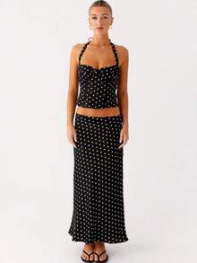 Women's Polka Dot Skirts Set Sleeveless Halter Neck Slim Fit Crop Top Bodycon Maxi Skirt Sets Summer Outfits - 黑色 - 查看 3
