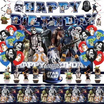 StarWars Decoración de fiesta de cumpleaños con tema de : Fondo de globos, pancarta de tela, decoración de fiesta, giro colgante de , letrero insertado, pancarta de letras de cumpleaños, mantel con tema de fiesta, decoración colgante de escena de cumpleaños, decoración de pancarta de cumpleaños, mantel desechable de fiesta, decoración genial de dibujos animados, decoración de Halloween y Navidad