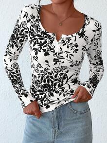 Women's Fall Long-Sleeved Henry Shirt T-Shirt Button Ribbed Knit Fashion Tight Basic Top Shirt - 黑色花 - 查看 4