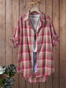 Plus Size Women's Plaid Shirt - Stylish Button-Down Lapel Collar Long Sleeve Tunic, Versatile Mid-Length Blouse For Women
