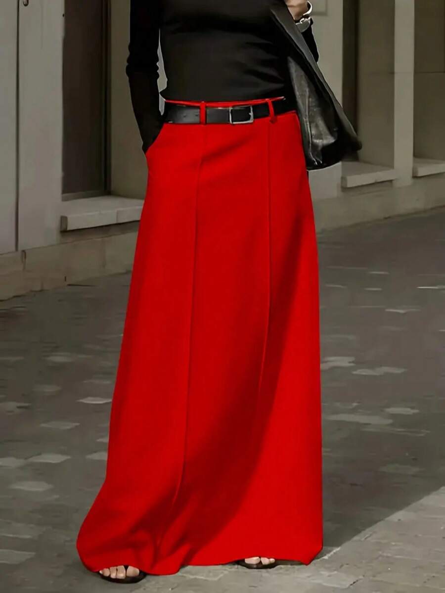 Plus Size Women's Casual Commuter Minimalist Solid Color Side Pocket Skirt, Belt Not Included - 紅色 - 查看 1