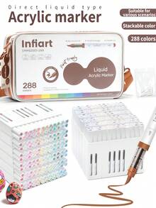 1 pieza Marcador de punta suave de acrílico líquido directo, 288 colores, lavable, para uso estudiantil, no transparente, alta cobertura, gran capacidad, bolsa de tela de alta gama, pincel para pintura infantil, bolígrafo acuarelable, regalo de cumpleaños y vuelta al colegio para niños y niñas - Marcador acrílico líquido recto - Ver 1