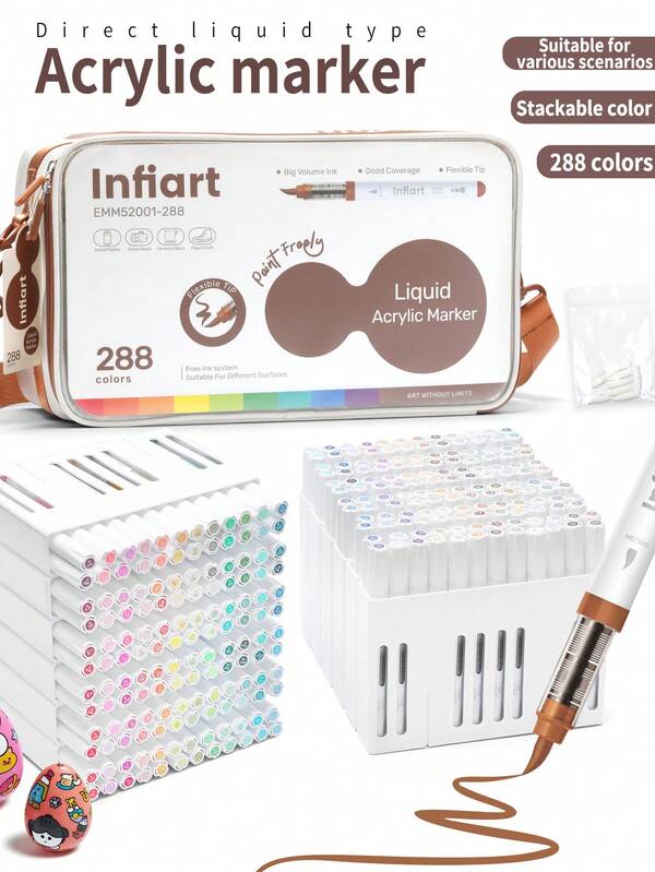 1pc Direct Liquid Acrylic Soft Tip Marker Pen, 288 Colors, Washable, Student Use, Non-Transparent, High Coverage, Large Capacity, High-End Cloth Bag, Children's Painting Brush, Watercolor Pen, Birthday & Back To School Gift For Boys & Girls