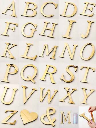 Pegatinas de pared con letras doradas A-Z - Altura de letra individual 10cm/15cm/20cm, Espejo acrílico, Con respaldo de espuma de 1cm de grosor. Diseño de doble capa para un mejor efecto 3D; Diseño de capa única para una apariencia talla grande elegante. Autoadhesivo, se puede pegar en paredes o vidrio.