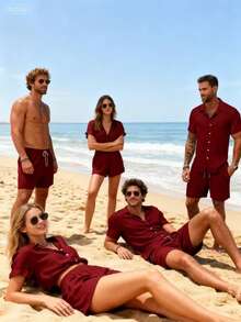 Summer Men's Casual Solid Color Shirt Short Sleeved Beach Pants Set 2-Piece Set - 酒紅色 - 查看 3