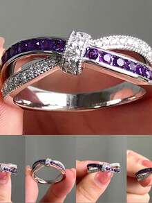 1pc Women's Fashion Criss-Cross Purple Closed Ring, Romantic Bow-Knot Jewelry Ring Suitable For Daily Wear And Weddings