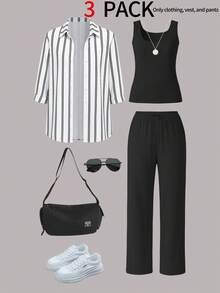 女士三件套休闲套装：条纹衬衫夹克、无袖方领上衣和松紧腰阔腿裤，适合通勤，秋冬 - 黑色 - 查看 3