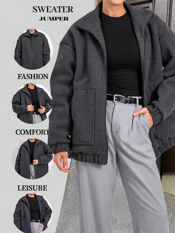 Loose Casual Versatile Jacket, Solid Color Polyester Fabric, Zipper Pockets, Ribbed Trim, College Style