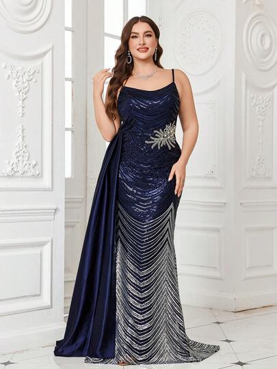 SUPGIR SUPGIR Plus Women's One-Shoulder Slim-Fitting Appliques Sequin Patchwork Elegant Evening Dress