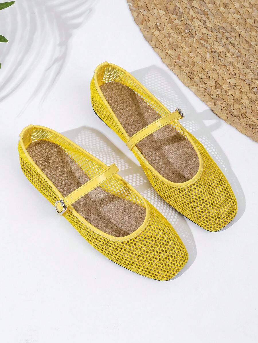 Women's Mesh Ballet Flats, Breathable Casual Square Toe Sandals, Fashionable Comfortable Soft Bottom Flat Shoes - 黃色 - 查看 1