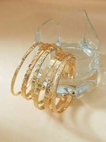 7pcs Set Exaggerated Personalized Hammered Hexagram Twist Open Bangle Bracelet Set, Suitable Daily Wear, - Gold 2 - View 3