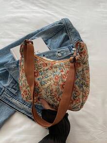 Linen Dumpling Shaped Floral Casual Handbag - Brown - View 6