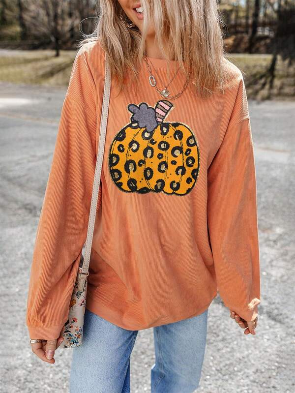 Damen Orange Crinkle gerippter Halloween Leopard Kürbis Grafik Sweatshirt