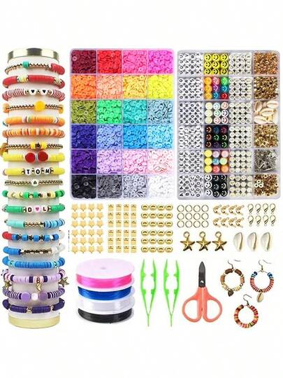 7200pcs/6000pcs/5100pcs/3500pcs/2000pcs Clay Bead Bracelet Making Kit, Collegiate Friendship Letter Bead Set With Pendant And Elastic Cord, Art And Craft Gift Set For Girls, Youth Presents, Party Favors