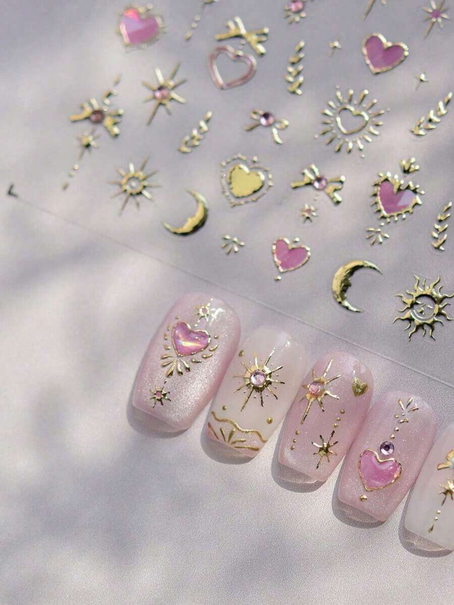 1pc Gold Totem Pink Heart Nail Art Stickers, Holographic Nail Decals, Nail Art Design, Rhinestones, 5D Self-Adhesive, Nail Accessories Women, Aesthetic Nail Art - 多色 7 - 查看 1