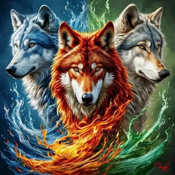 5D Diamond Painting Ice Fire Wolf, DIY Diamond Art Animal Full Round Diamond Mosaic Embroidery Pattern, Size