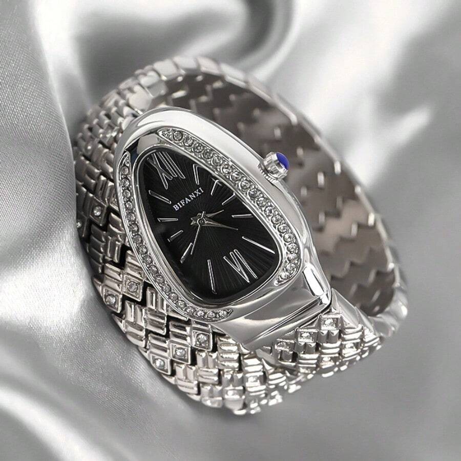 2025 Fashion Women's Quartz Bracelet Watch With Snake Wrap Band, Small Oval Dial, Crystal Luxury Wristwatch - Mặt số màu đen, bạc - Xem 1
