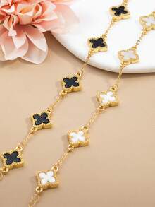 (2pcs/Set) 2pcs Simple And Stylish Lucky Clover Bracelet, Featuring Gold Dripping Four-Leaf Clover Charm Matching With White And Black Multilayer Chain Bracelet, Women's Copper Bangle Suitable For Daily Wear Such As Dating, Graduation, Back To School Season, Making Friends, And Parties Valentines,Mom,Mother,Mother's Day,Gift