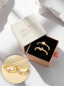 Gift Box Set Couple Rings With Star & Moon Design, Cubic Zirconia Inlaid Shiny Jewelry, Suitable As Holiday Gift - Gold - View 11