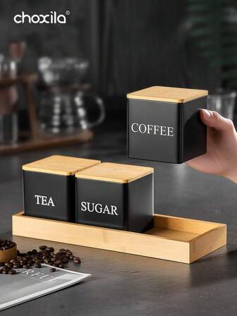choxila 3pcs Coffee Storage Can Tea Snacks Coffee Bean Storage Can Bamboo Lid Iron Art Display Square Can