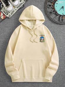 Men's Cactus Desert Graphic Print Thermal Lined Hoodie, Fashionable Street Style For Autumn/Winter, Long Sleeve Top - Apricot - View 5