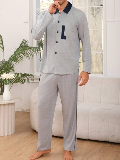 Men's Casual Autumn/Winter Comfortable Pajama Set, Collared Button-Up, Simple Design, Solid Color Patchwork, Ribbed Print Long Sleeve Top And Pants, Relaxed And Elegant Loungewear