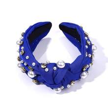 Pearl Headband Sparkly Rhinestone Pearls Knot Hairband Wide Knotted Headband Headpiece Spring Summer Pink Black Headbands Headwear Accessories (Royal Blue Knot Hairband) - Royalblueknot髮帶 - 查看 7