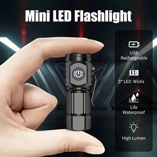 1PC Powerful LED Flashlight 3*Wicks Portable Small Pocket Torch USB Rechargeable Strong Light Lantern 5 Lighting Modes Built-In Battery Super Bright Cap Clip Lamp For Hiking Camping Fishing Running Work Car Outdoor Emergency Self Defense