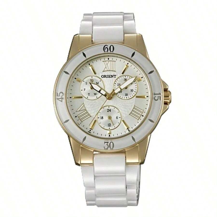 ORIENT Women's Watch-  Crystal Indexes, Triple Subdial With Date & Day, Guilloche White Dial, Water Resistant SUT0F003S0