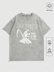 EWH MEN Street Life "D Eftones" Band Grim Reaper Graphic Print Vintage Washed Short Sleeve Crew Neck Men's T-Shirt,T Shirt Men,Shirts Graphic DG004 - 灰色 - 查看 1