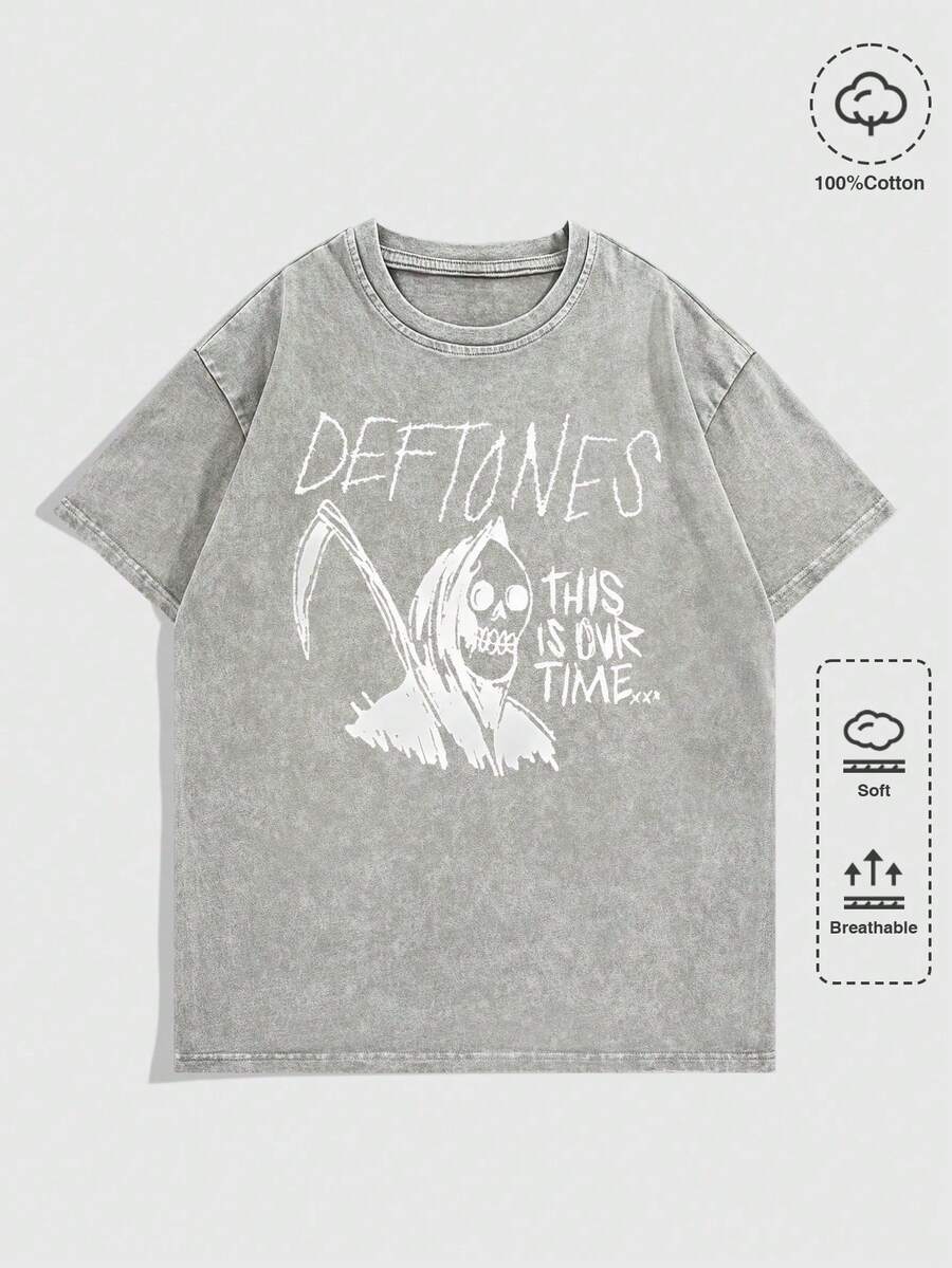 EWH MEN Street Life "D Eftones" Band Grim Reaper Graphic Print Vintage Washed Short Sleeve Crew Neck Men's T-Shirt,T Shirt Men,Shirts Graphic DG004 - 灰色 - 查看 1