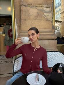 FOR BEAUTY Spring Round Neck Long Sleeve Knit Sweater, New Metal Button Fashionable Commuter Sweet Solid Color Cardigan, Versatile Casual Daily Knitwear - Burgundy - View 6