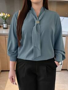 大码女式优雅通勤优雅仿领 V 领金属装饰修身长袖衬衫，秋季大码女式衬衫 - 藍色 - 查看 3