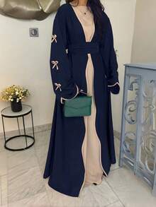 SuofeiMan Áo Abaya kiểu Trung Đông tối giản, thời trang mới, màu xanh hải quân trơn, chất liệu mềm mại và thoải mái, có thắt lưng, phù hợp cho các lễ hội và mặc hàng ngày, lễ Eid mùa xuân. - Xanh đậm - Xem 2