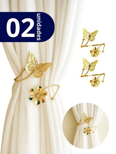 Kit 02 Prendedores de cortina Borboleta e Flor em Aço