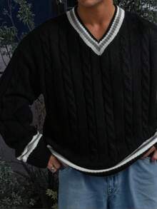 ANDREILEE 复古宽松休闲街头风男女通用V领插肩袖针织衫，纹理条纹拼接设计，适合春、秋、冬三季穿着。 - 黑色 - 查看 1