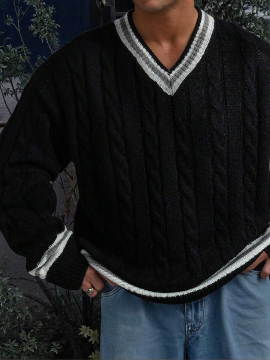 ANDREILEE 复古宽松休闲街头风男女通用V领插肩袖针织衫，纹理条纹拼接设计，适合春、秋、冬三季穿着。 - 黑色 - 查看 1