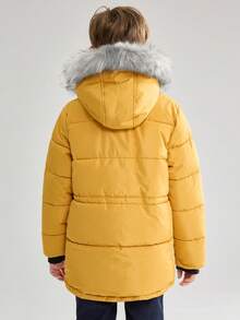 SOLOCOTE 男童加厚抓绒外套，可拆卸帽子，胸前拉链口袋，下摆口袋，防风防水，人造毛皮 - 黃色 - 查看 2