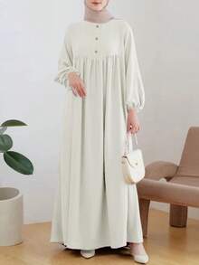 Gaun Panjang Wanita Elegan & Nyaman Model Abaya Leher Bulat Warna Putih Musim Semi - Putih - View 11
