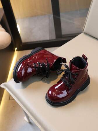 2025 Autumn/Winter Faux Patent Leather Children's Boots, Casual Flat Non-Slip Girls Short Boots With Lace-Up And Side Zipper, Solid Color Kids Leather Boots For Boys
