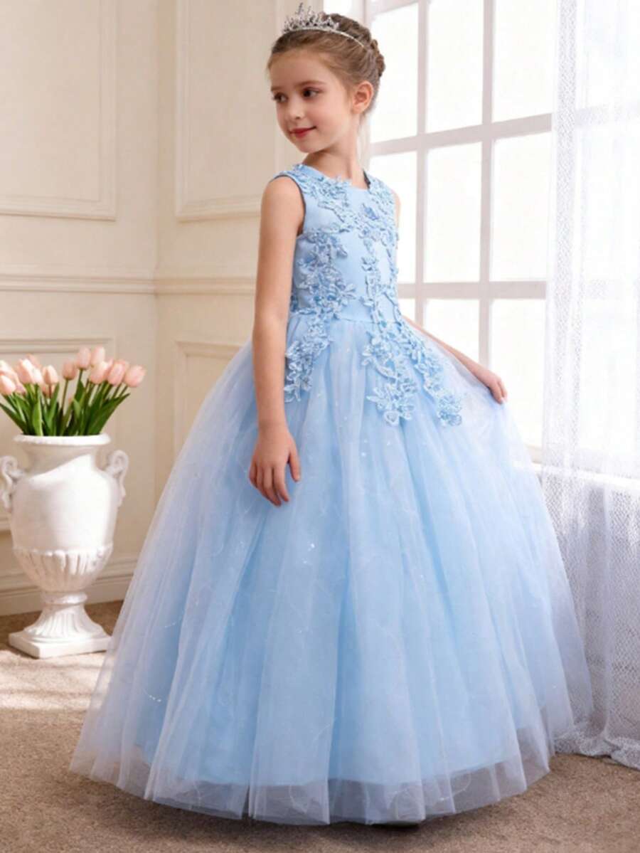 Vestido de princesa azul de encaje para niñas, vestido de gala formal para fiesta de bodas, vestido de noche para concurso de belleza, vestido de graduación, Navidad