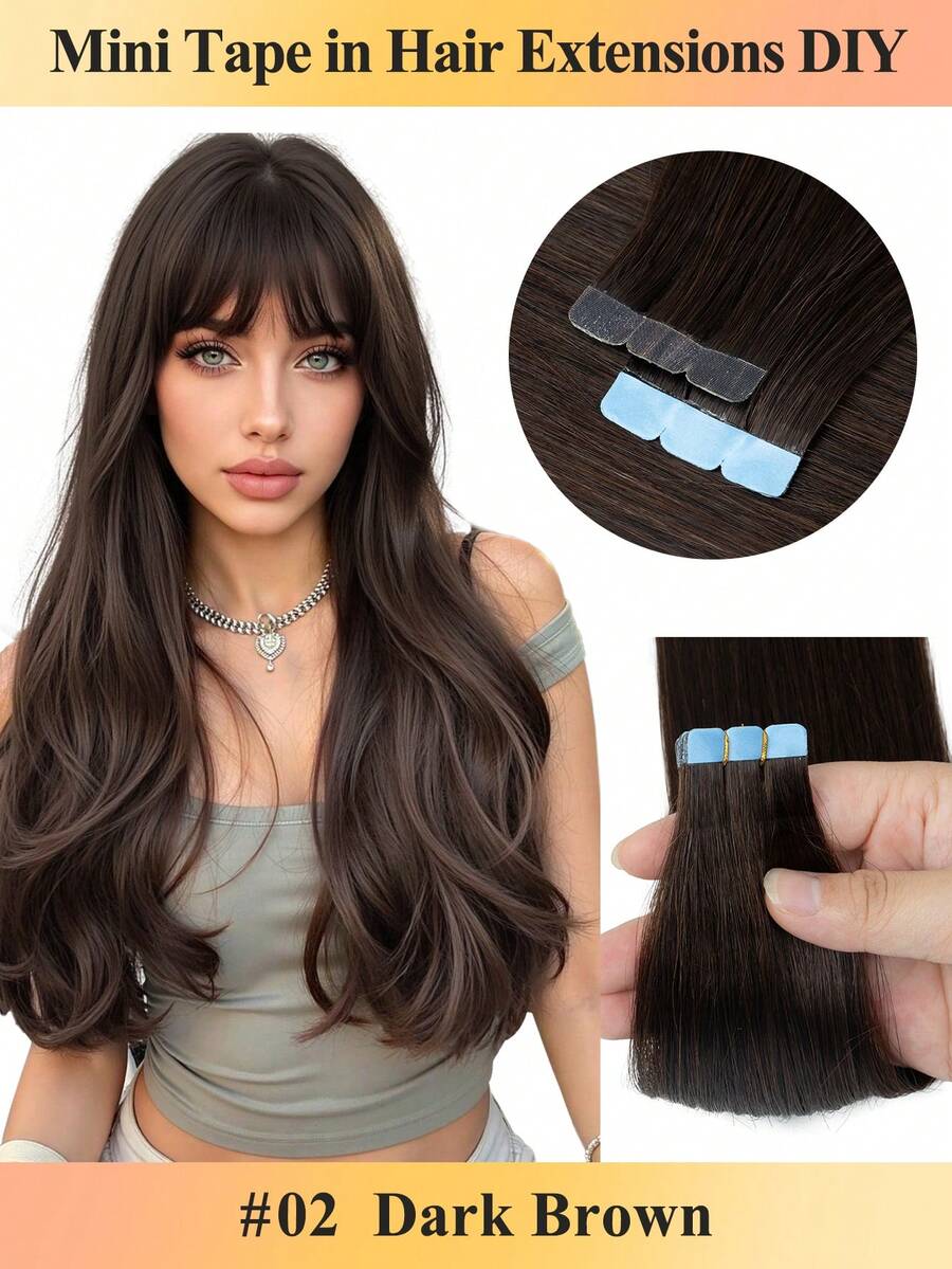 Invisible Mini Tape In Hair Extensions 10 PCS Human Hair Natural Tape In Hair Extentions 3x0.8cm Invisible Tape 12-24Inch Length Real Human Hair Machine -Remy Hair Straight Natural Hair Skin Weft Invisible Glue In Human Hairpiece Can Be Permed Or Dyed Easy To Shape Happy Halloween Can Be Dyed Colorful DIY - 巧克力棕 - 查看 1