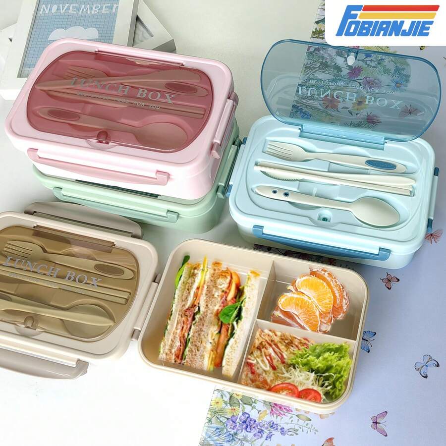 1 Stück 1,24 Liter Lunchbox, Kunststoffbox für Schule mit Gabel, Löffel und Essstäbchen, Behälter für Studenten, Erwachsene Männer Frauen mit 4 Fächern, Lunchbox mit integriertem Besteck, mikrowellen- und spülmaschinenfest, für Schule, Büro, Outdoor, Reisen, ideal als Geschenk zu Feiertagen, Geburtstag und Weihnachten