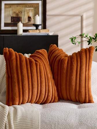 1pc Orange Textured Thick & Thin Stripe Rabbit Fur Decorative Throw Pillow Cover, Jacquard Rabbit Fur Front, Plush Fleece Reverse, Square Cushion Sham, Holiday Home Decor Pillow Case, Soft Velvet Fabric, Modern Decor For Sofa, Bedroom