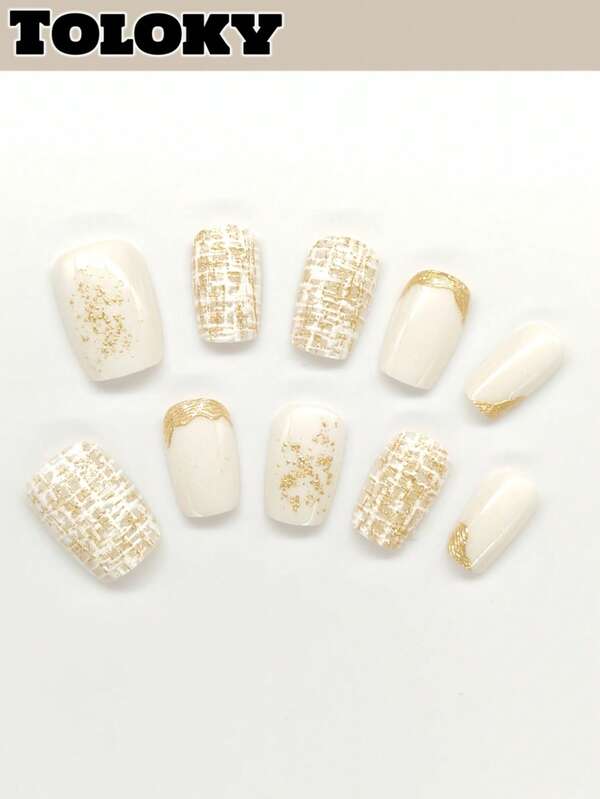 10pcs Handmade Press On Nails Short Nails Square Nails Tips White French Matte With 3pcs Nail Art Tools Nail Glue Nail Supplies Fake Nails For Women And Girls To Party Travel Daily School French Elegant Golden Fine Glitter Press On Nails Nail Supplies Nails Press On Nail Charms Press On Nails Short Fake Nails Nail Accessoriesnail Art