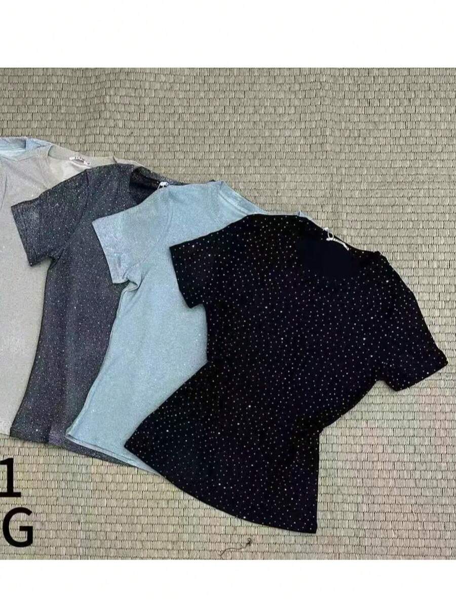Short Sleeve Lurex Blouse With Shine - Black - View 1