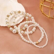 4Pcs Pearl Heart Bracelet Set Dainty Fixed Fit Charm Boho Elegant Jewelry Gift For Women Mom Daughter Valentines Day